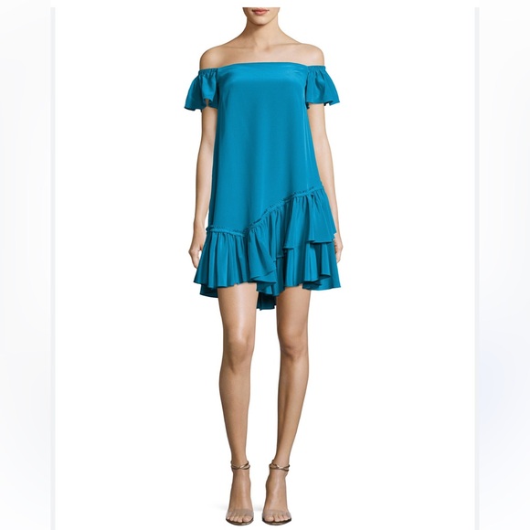 Cinq á Sept Minella Off-the-Shoulder Ruffled Satin Mini Dress in Teal - Picture 1 of 9